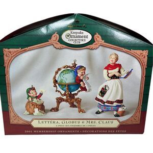 Hallmark 2001 Lettera Globus & Mrs Claus Ornament Club Set – 3 Pieces w/Box
